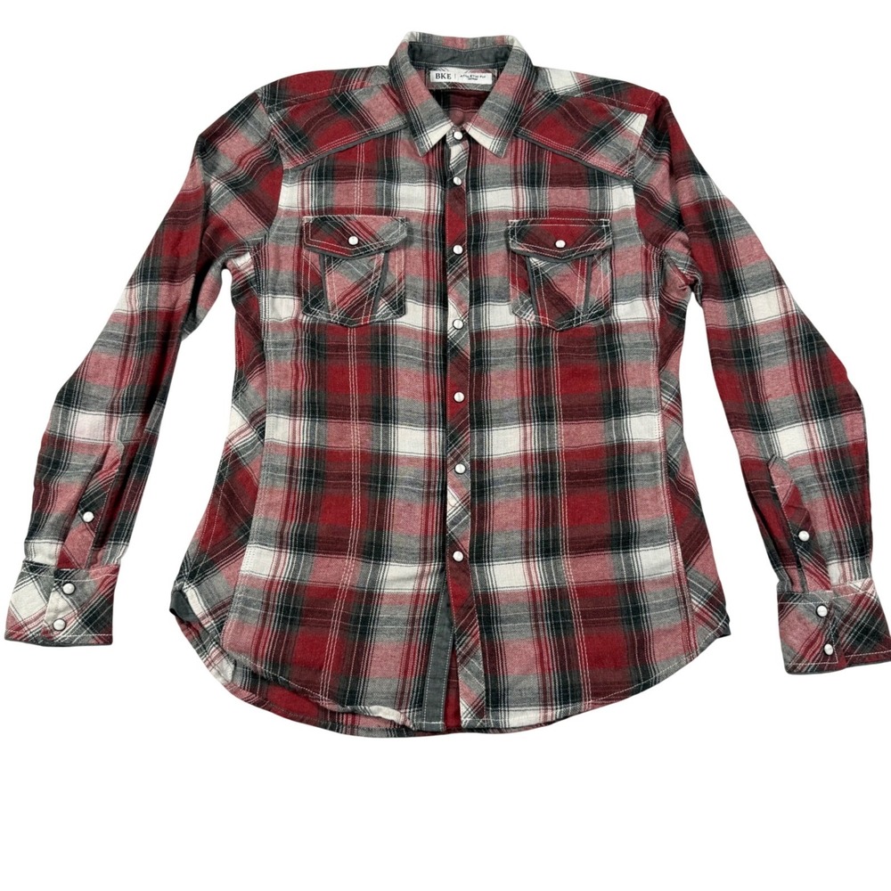 BKE Athletic Fit Mens Medium Red Black Plaid Pearl Snap Western Shirt L11753FPW